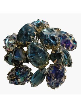 Vintage Blue Rhinestone Brooch Cabochon Cluster Aurora Borealis Floral Pin 2 In